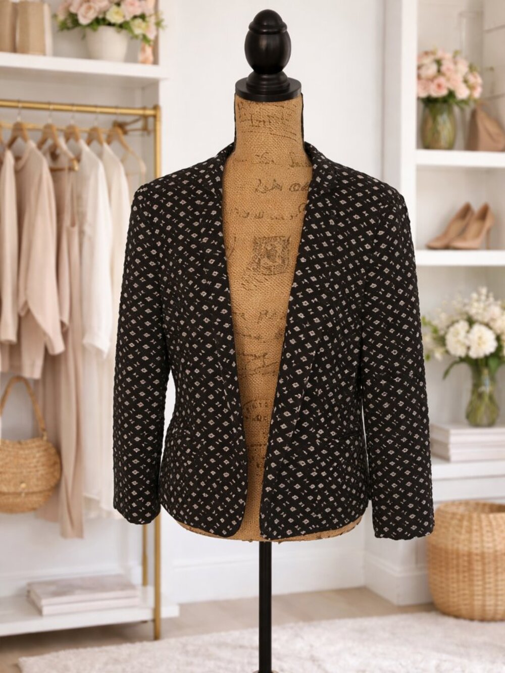 Nine West Black & White Geo Print Jacquard Tailored Blazer Sz 12 EUC Careerwear